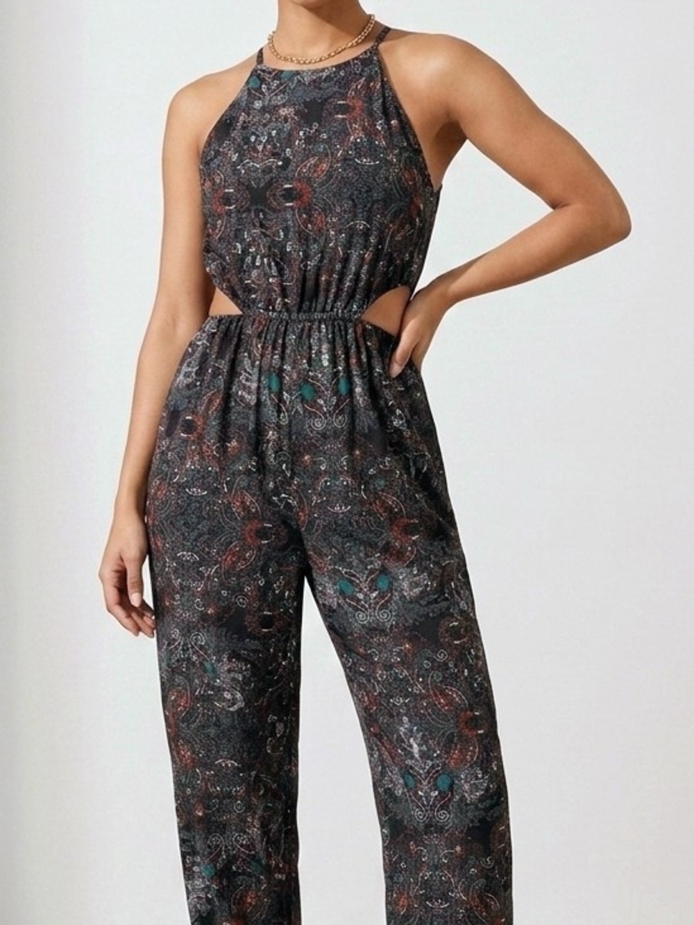 Women's Halter Cutout Jumpsuit in Black Paisley
